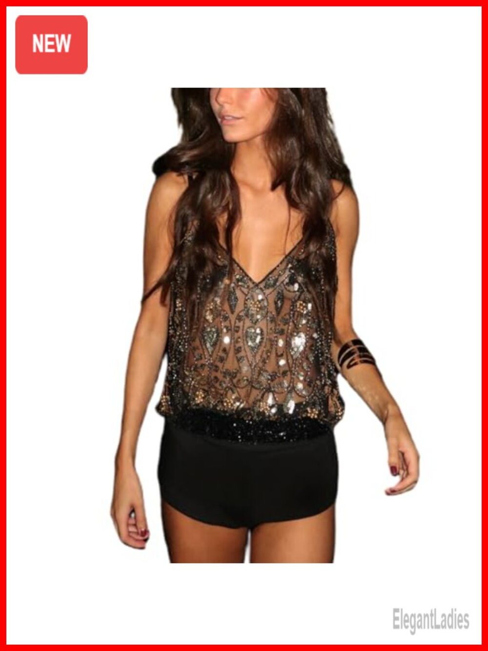 Women Sparkly Sequin V Neck Tank Top Sleeveless Rave Party Cami
